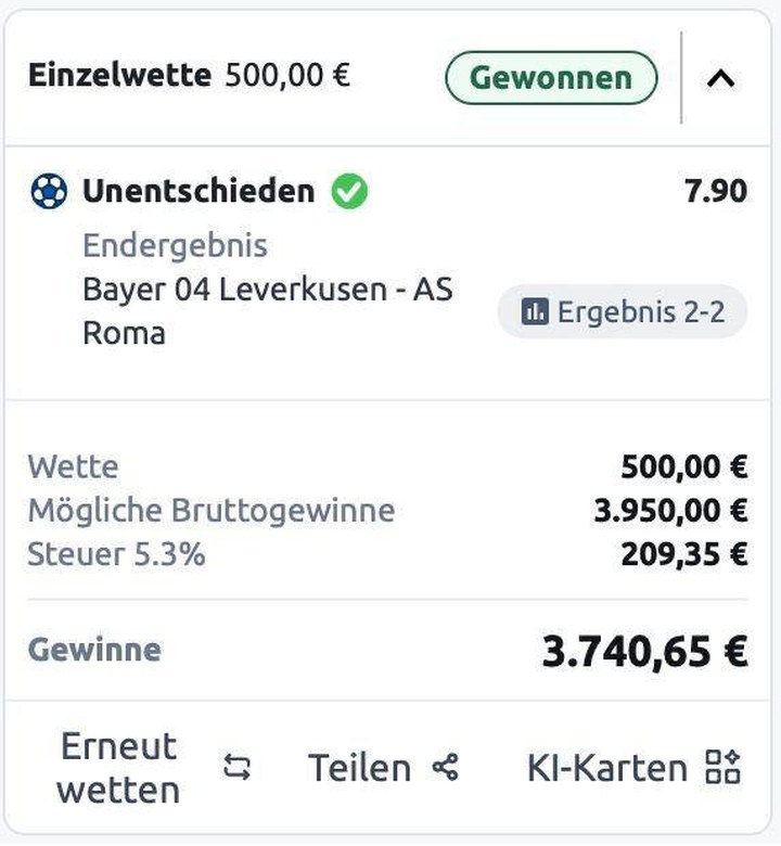 Gewonnene Einzelwette: Leverkusen – AS Roma Unentschieden, Quote 7.90, 3.740,65 € Gewinn