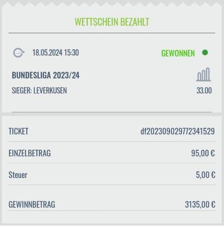 Gewonnener Wettschein: Bundesliga-Sieger Leverkusen, Quote 33.00, 3.135,00 € Gewinnbetrag