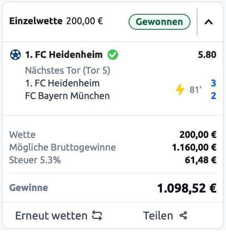 Gewonnene Einzelwette: 1. FC Heidenheim nächstes Tor, Quote 5.80, 1.098,52 € Gewinn