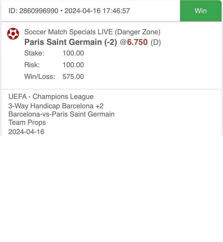 Gewonnene Wette: Paris Saint-Germain (-2) gegen Barcelona, Quote 6.75, gewonnen