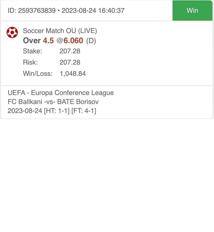 Gewonnene Wette: FC Ballkani Over 4.5 Tore, Quote 6.06, 1.048,84 Gewinn