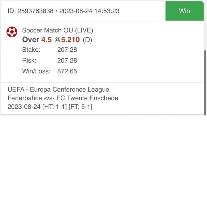 Gewonnene Wette: Fenerbahçe Over 4.5 Tore, Quote 5.21, 872,65 Gewinn
